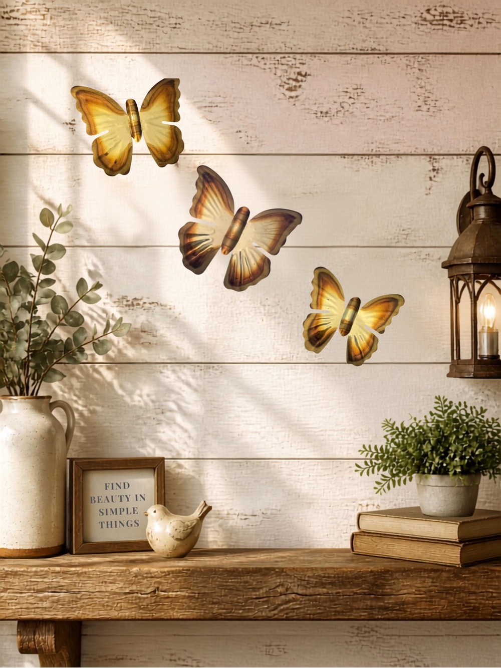 Vintage Brass Butterfly Wall Hanging Art Set of 3 Flame Treated 70s MCM Decor - Picture 1 of 11